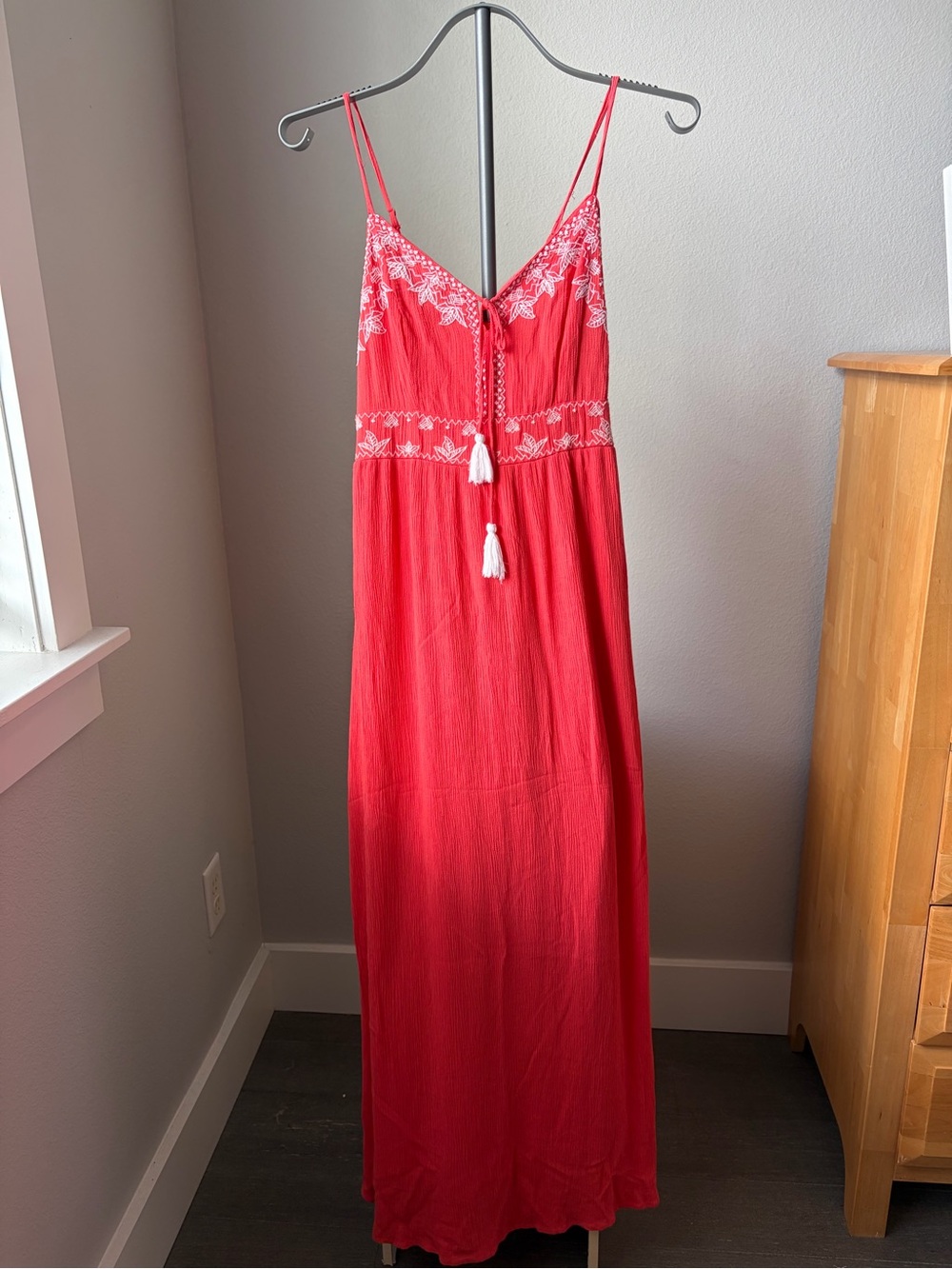 Japna Coral Red Maxi Dress with White Embroidery